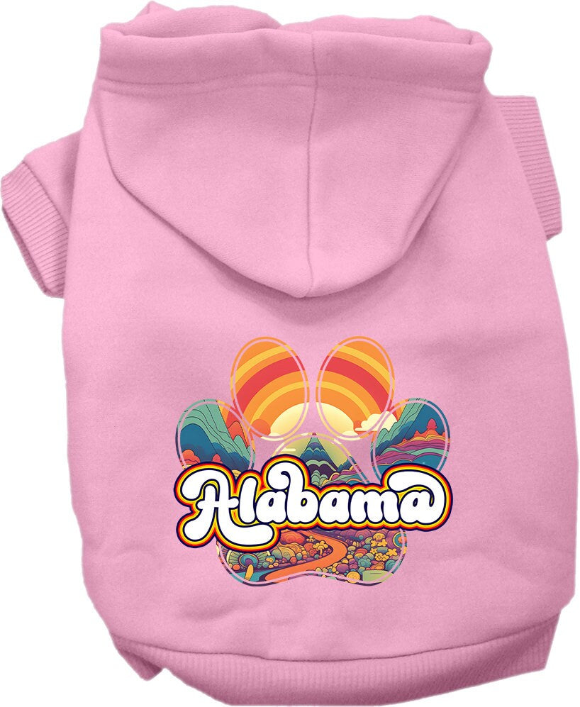 A medium to large pet wearing a stylish screen printed hoodie with the Alabama Groovy Summit design, showcasing comfort and durability.
