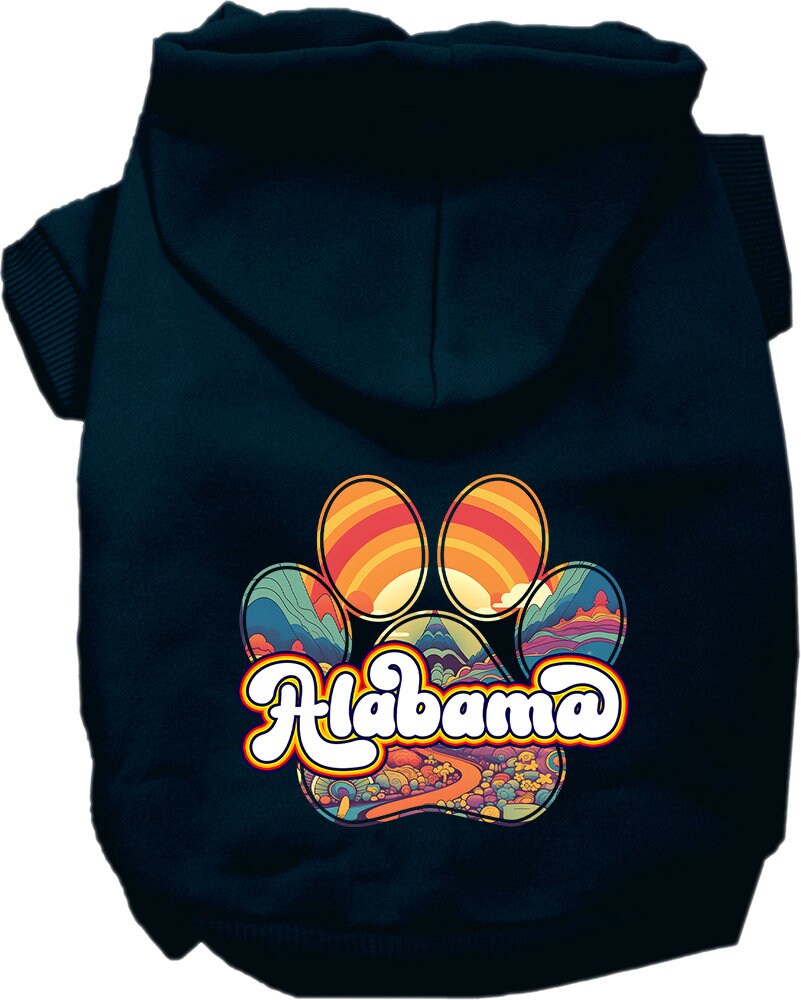A medium to large pet wearing a stylish screen printed hoodie with the Alabama Groovy Summit design, showcasing comfort and durability.