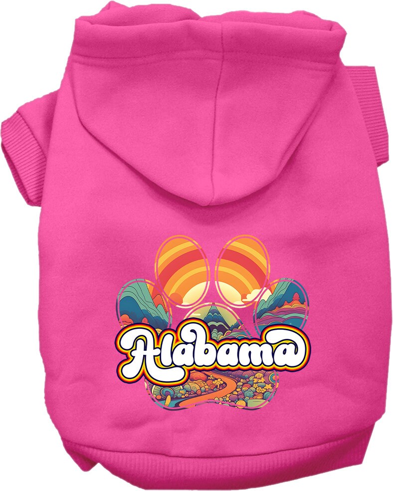 A medium to large pet wearing a stylish screen printed hoodie with the Alabama Groovy Summit design, showcasing comfort and durability.