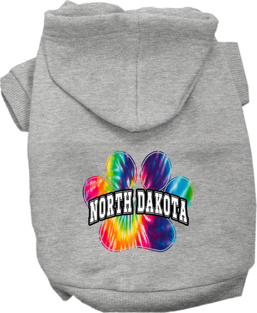 A vibrant North Dakota Bright Tie Dye hoodie for medium to large dogs and cats, showcasing its soft fabric and double-stitched design.