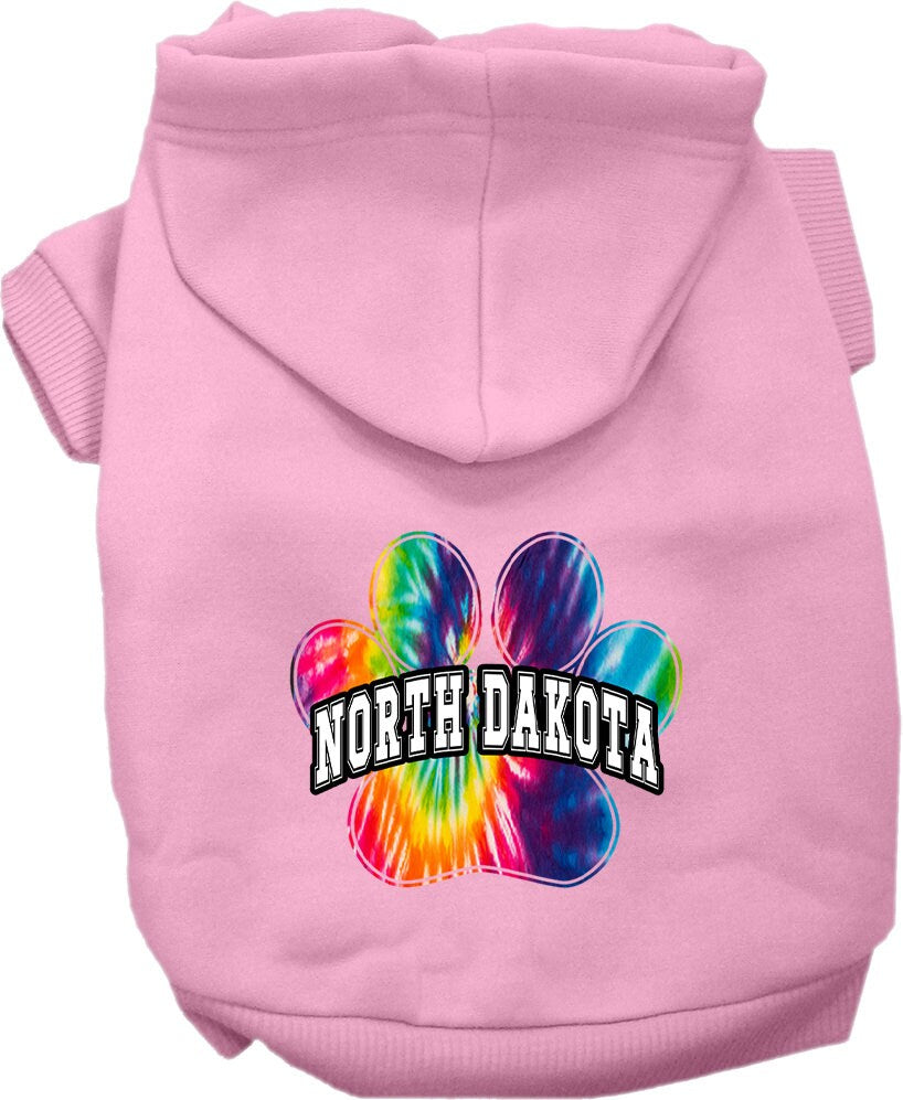 A vibrant North Dakota Bright Tie Dye hoodie for medium to large dogs and cats, showcasing its soft fabric and double-stitched design.
