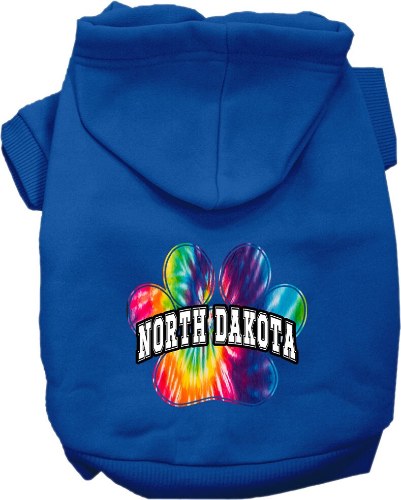 A vibrant North Dakota Bright Tie Dye hoodie for medium to large dogs and cats, showcasing its soft fabric and double-stitched design.