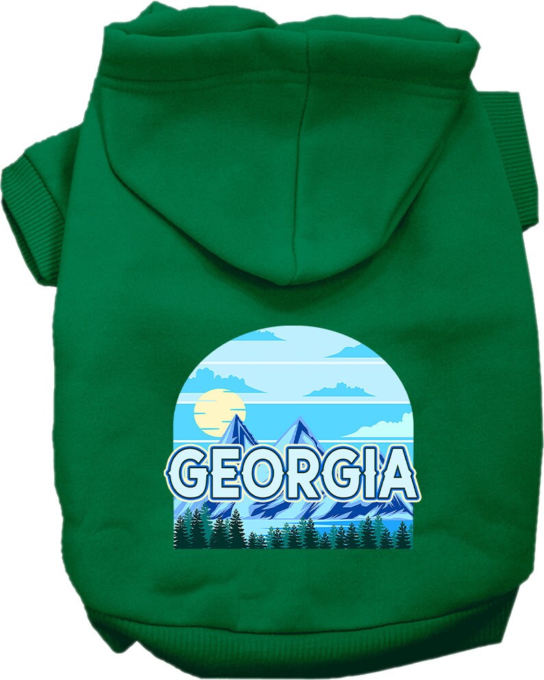 A medium to large pet wearing a stylish screen printed hoodie with the 'Georgia Trailblazer' design, showcasing comfort and durability.