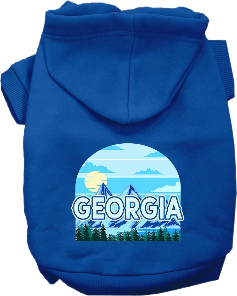 A medium to large pet wearing a stylish screen printed hoodie with the 'Georgia Trailblazer' design, showcasing comfort and durability.