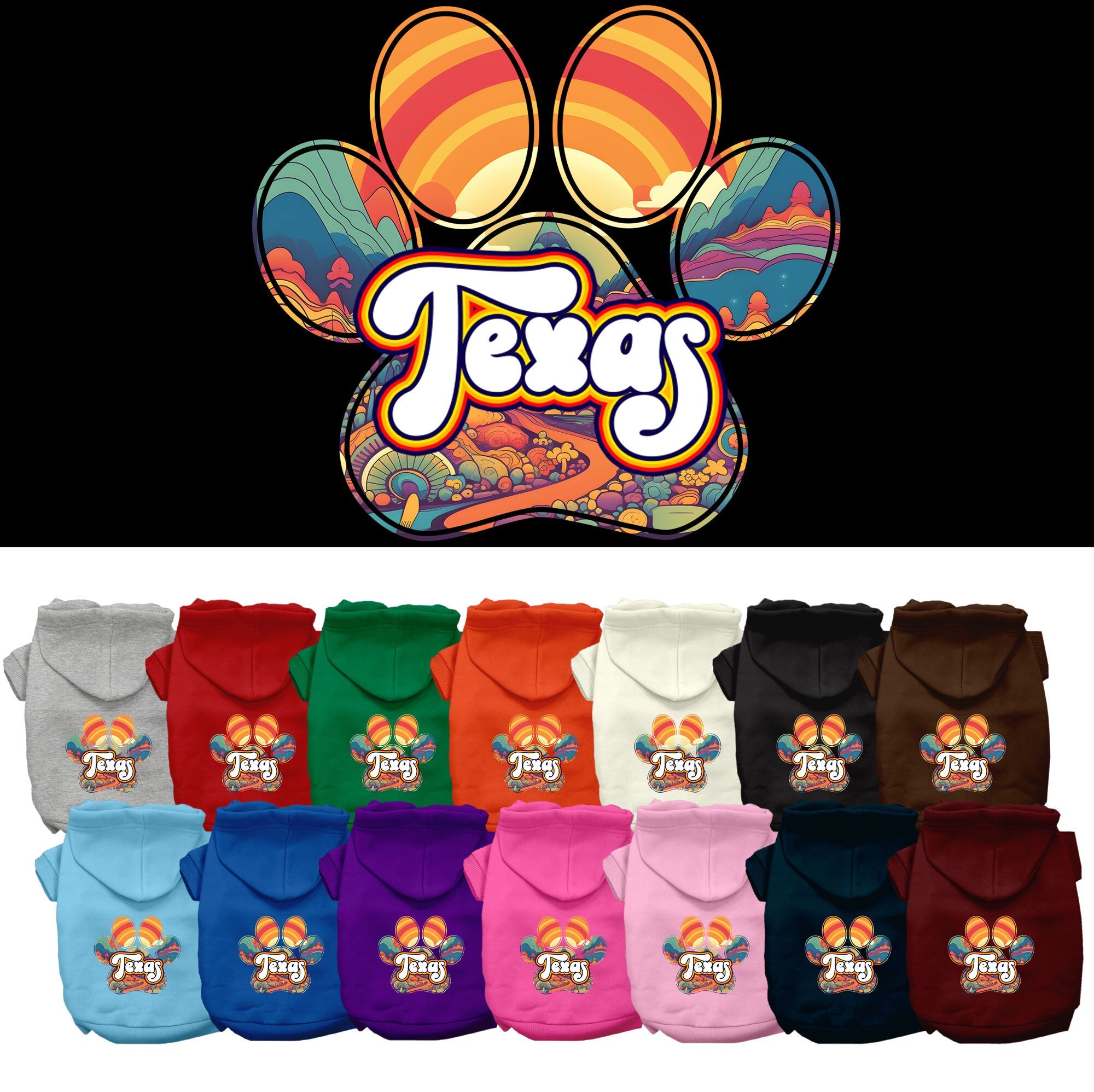 A cozy screen printed hoodie for medium to large pets, featuring a colorful Texas Groovy Summit design, perfect for dogs and cats.