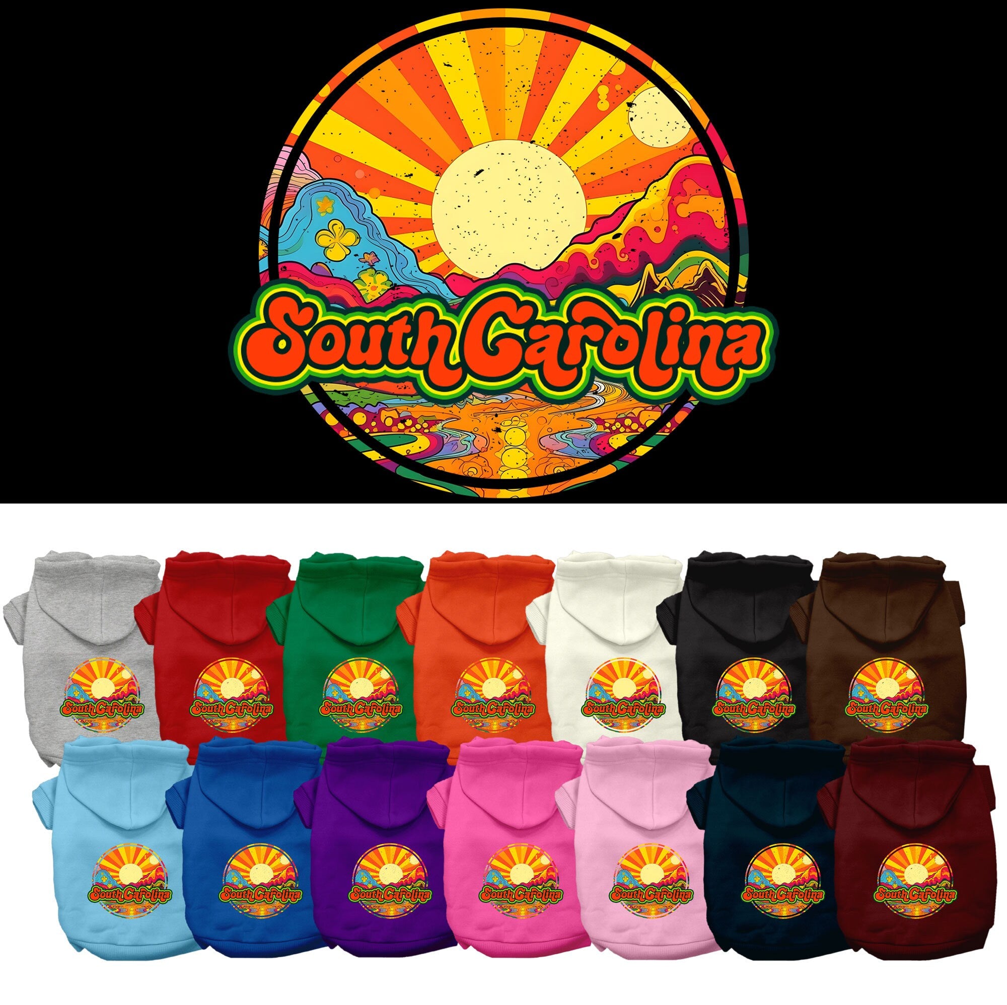 A medium to large pet wearing a soft, warm hoodie with a South Carolina Mellow Mountain print, showcasing its stylish design and convenient leash access hole.