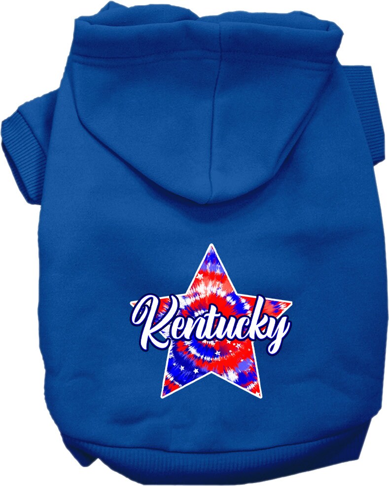 A medium to large pet wearing a Kentucky Patriotic Tie Dye hoodie, showcasing its vibrant colors and comfortable fit.
