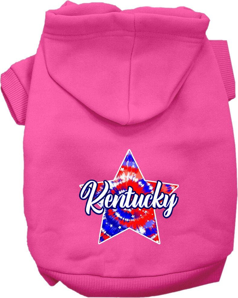 A medium to large pet wearing a Kentucky Patriotic Tie Dye hoodie, showcasing its vibrant colors and comfortable fit.