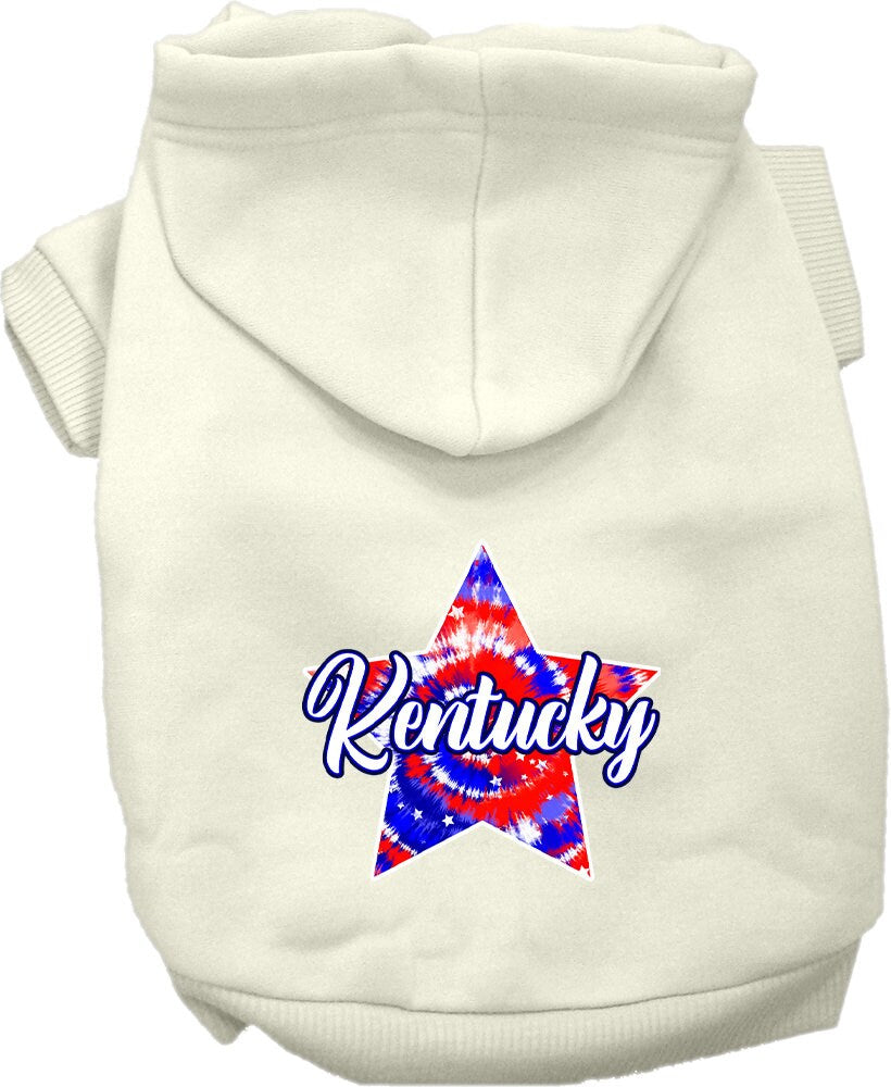 A medium to large pet wearing a Kentucky Patriotic Tie Dye hoodie, showcasing its vibrant colors and comfortable fit.