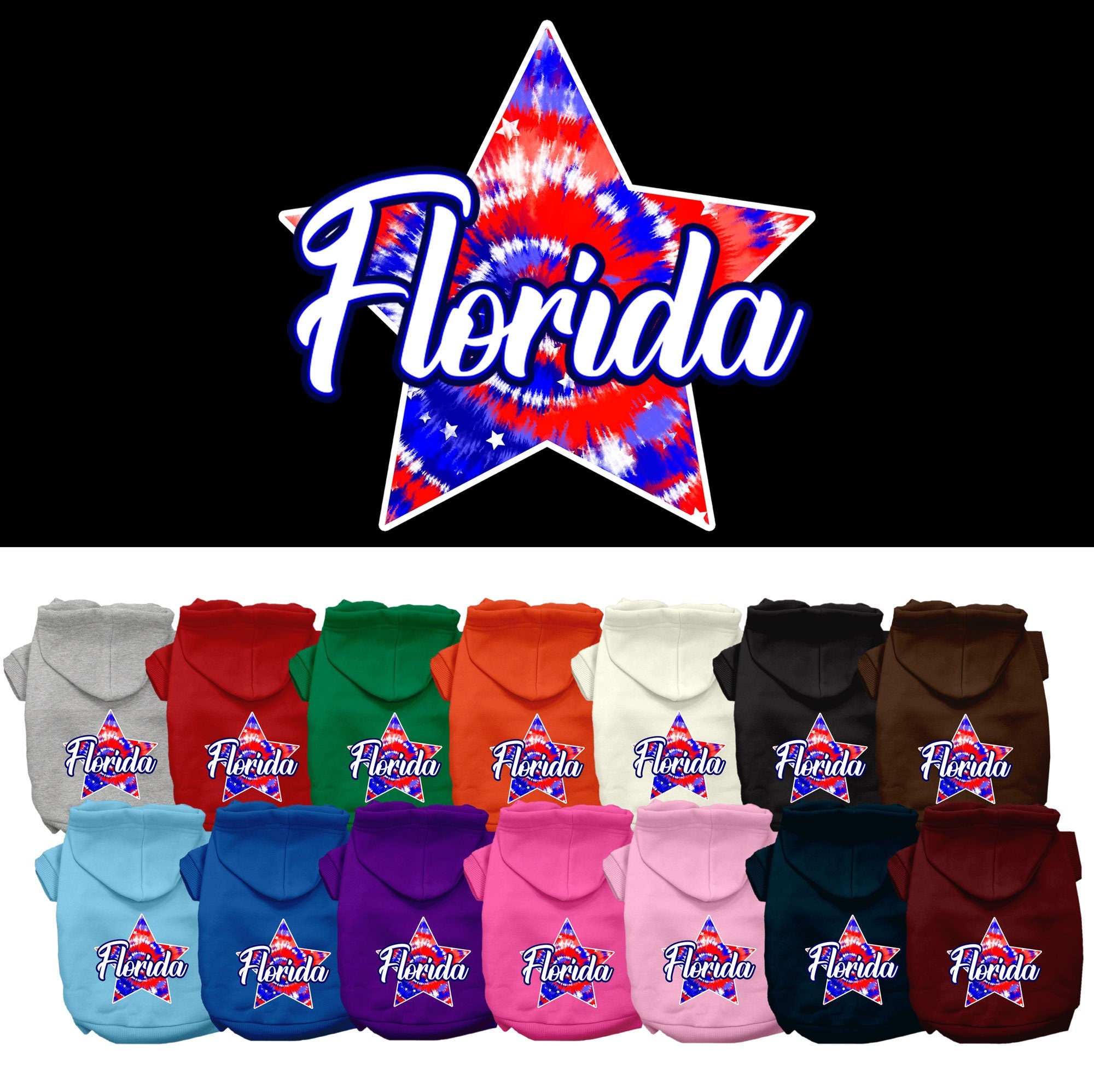 A medium to large pet wearing a Florida Patriotic Tie Dye hoodie, showcasing vibrant colors and a stylish design.