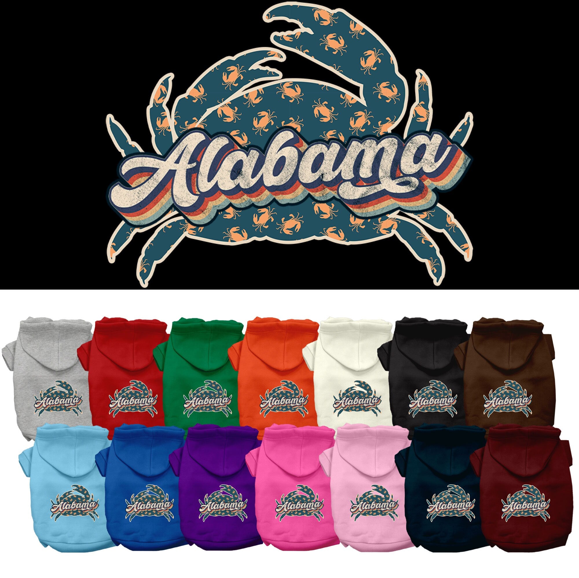 A medium to large pet wearing a stylish screen printed hoodie featuring Alabama Retro Crabs design, showcasing comfort and durability.