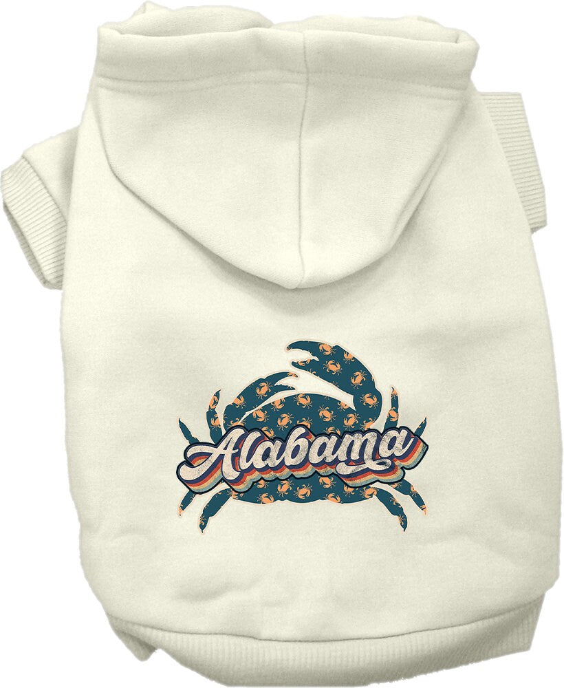 A medium to large pet wearing a stylish screen printed hoodie featuring Alabama Retro Crabs design, showcasing comfort and durability.