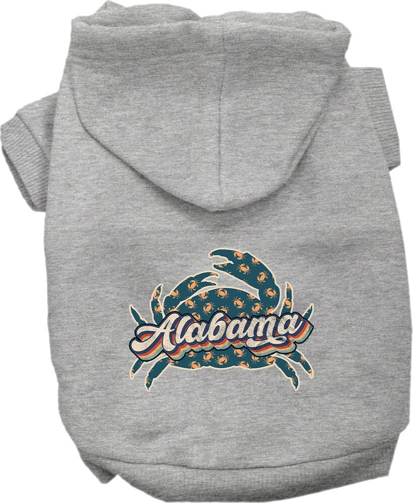 A medium to large pet wearing a stylish screen printed hoodie featuring Alabama Retro Crabs design, showcasing comfort and durability.