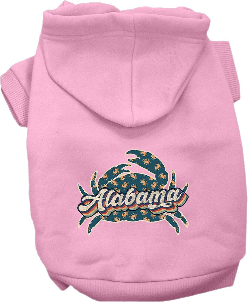 A medium to large pet wearing a stylish screen printed hoodie featuring Alabama Retro Crabs design, showcasing comfort and durability.