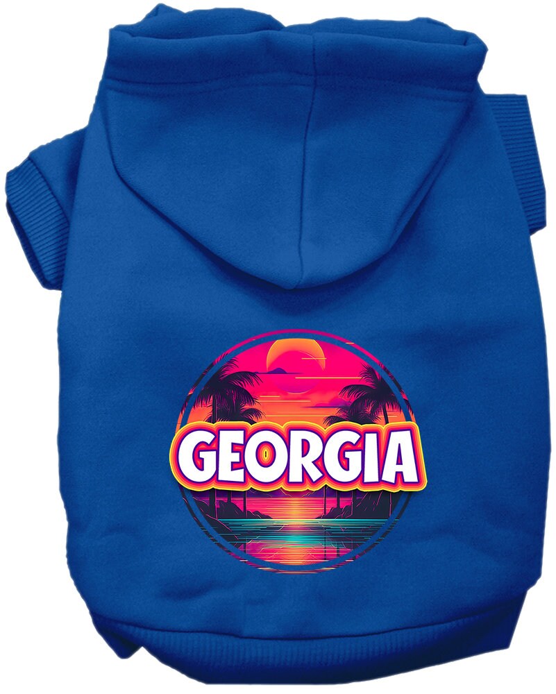 A medium to large pet wearing a vibrant Georgia Neon Beach Sunset hoodie, showcasing its soft fabric and convenient leash access hole.
