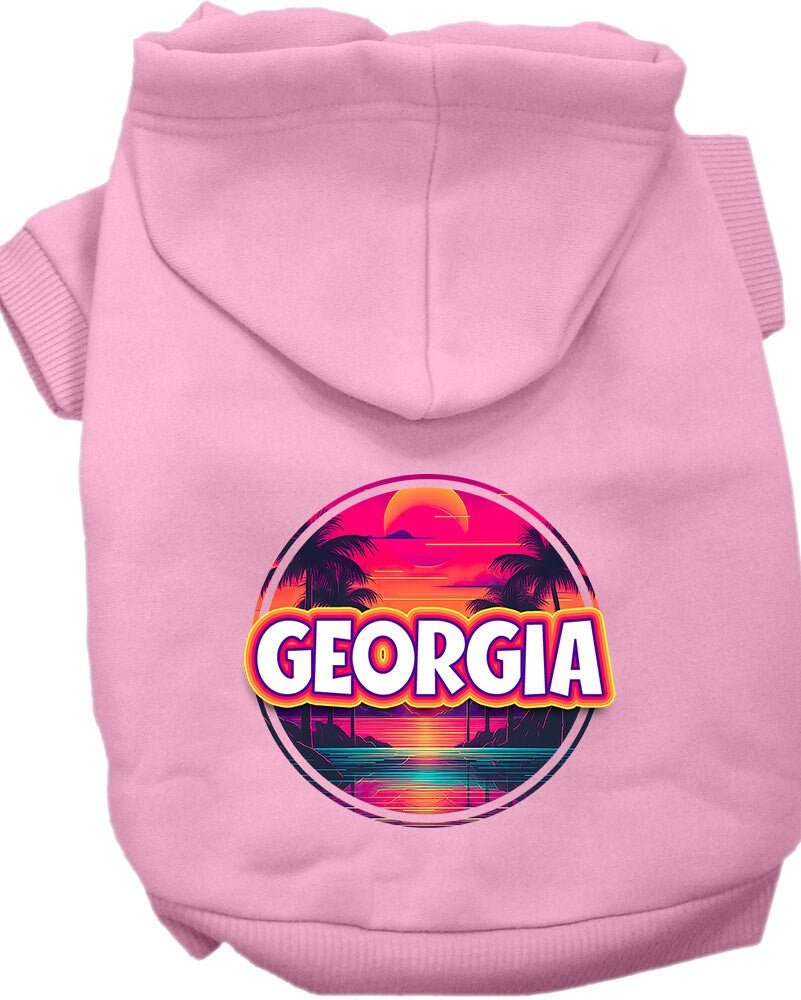 A medium to large pet wearing a vibrant Georgia Neon Beach Sunset hoodie, showcasing its soft fabric and convenient leash access hole.