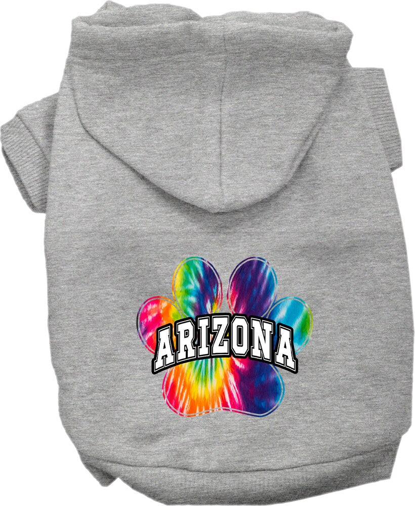 A vibrant Arizona Bright Tie Dye hoodie designed for medium to large dogs and cats, showcasing its soft fabric and convenient leash access hole.