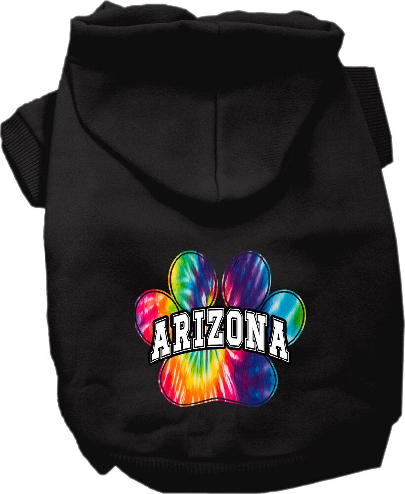 A vibrant Arizona Bright Tie Dye hoodie designed for medium to large dogs and cats, showcasing its soft fabric and convenient leash access hole.