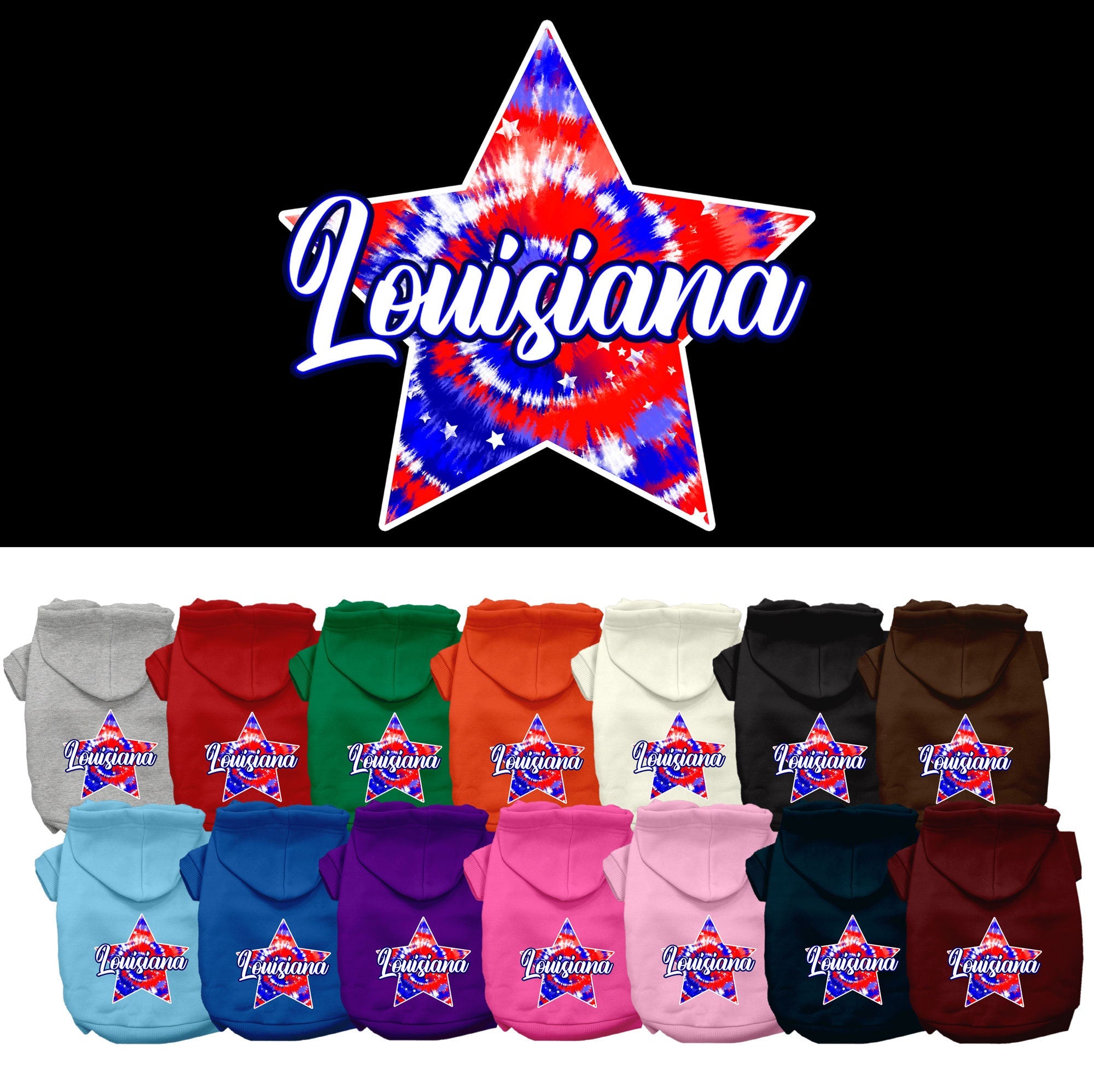 A medium to large pet wearing a stylish Louisiana Patriotic Tie Dye hoodie, showcasing its vibrant colors and comfortable fit.
