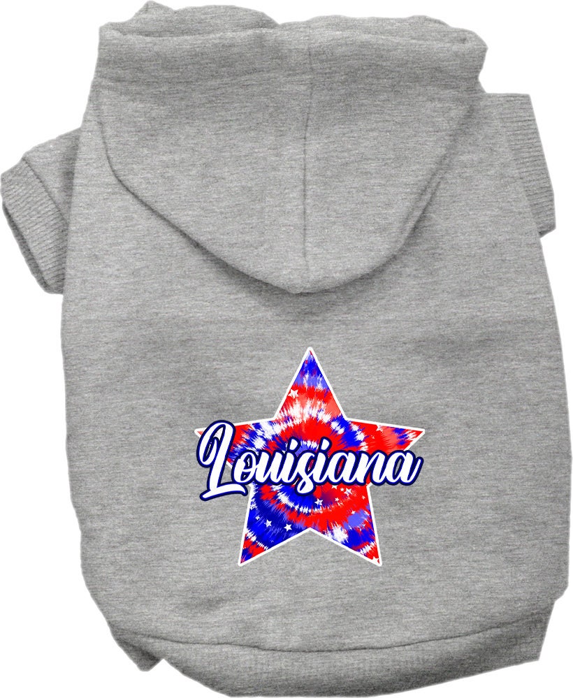 A medium to large pet wearing a stylish Louisiana Patriotic Tie Dye hoodie, showcasing its vibrant colors and comfortable fit.