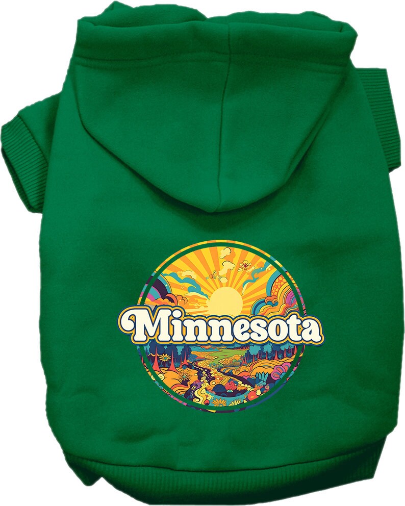 A cozy screen printed hoodie for medium to large pets, featuring the Minnesota Groovy Summit design, showcasing its soft fabric and durable stitching.