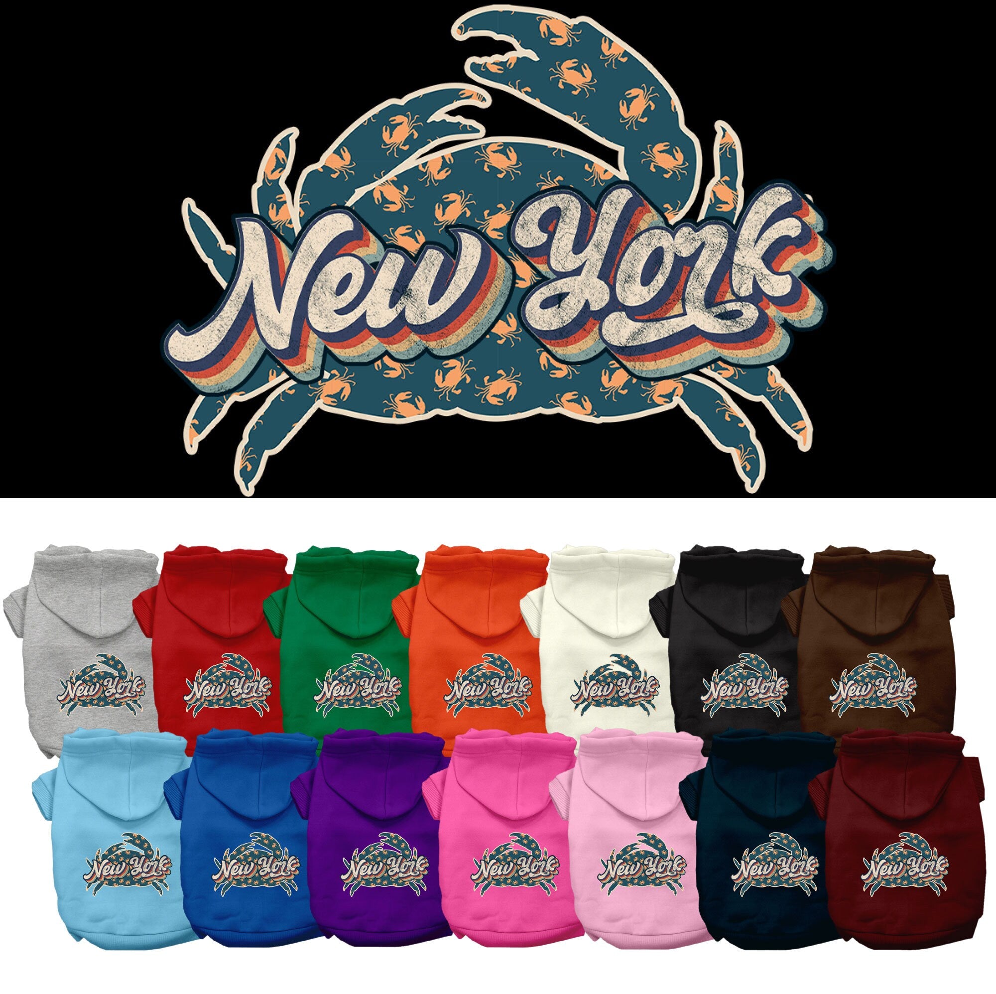 A medium to large pet wearing a stylish New York Retro Crabs screen printed hoodie, showcasing its soft fabric and unique design.