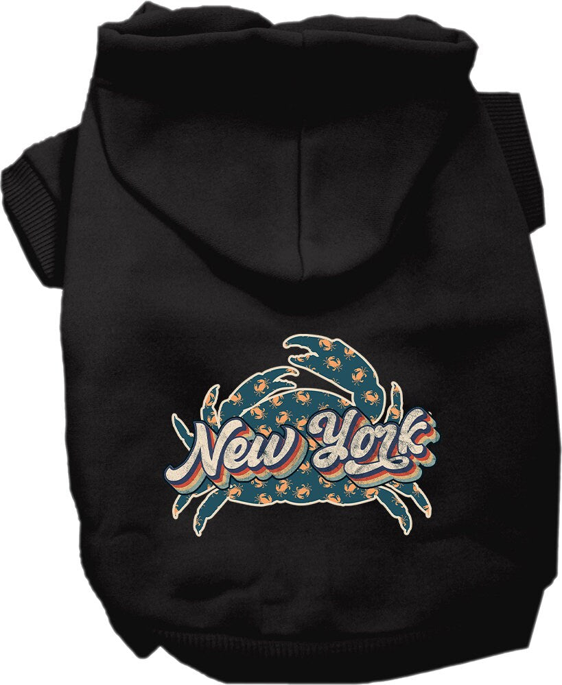 A medium to large pet wearing a stylish New York Retro Crabs screen printed hoodie, showcasing its soft fabric and unique design.
