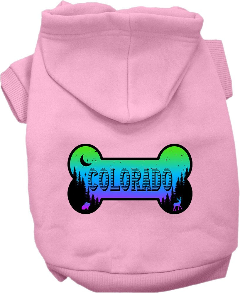 A cozy screen printed hoodie for medium to large pets, featuring a Colorado Mountain Shades design, perfect for dogs and cats.