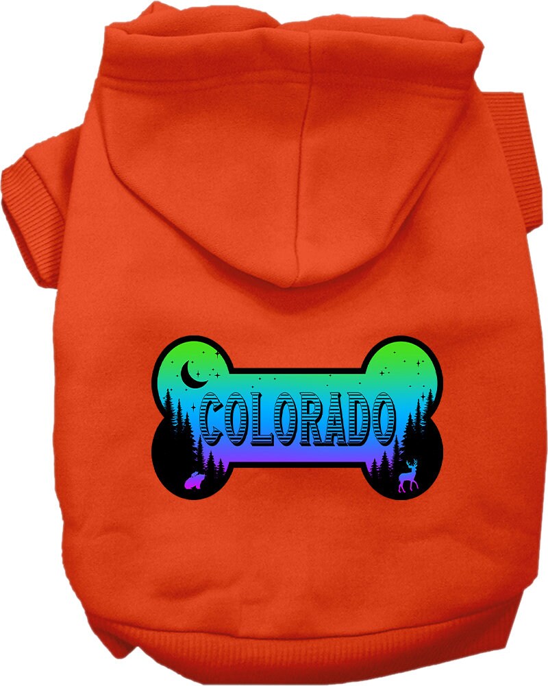A cozy screen printed hoodie for medium to large pets, featuring a Colorado Mountain Shades design, perfect for dogs and cats.