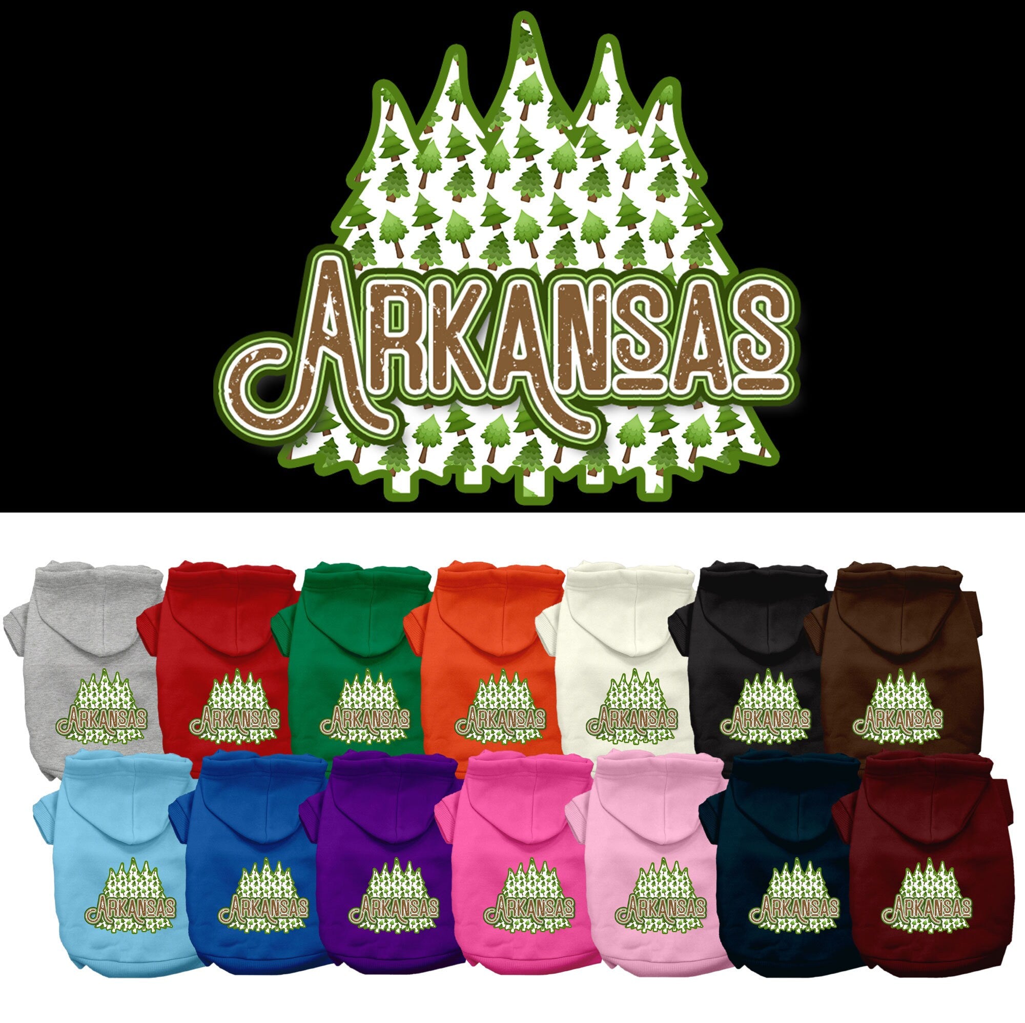 A cozy screen printed hoodie for medium to large pets featuring Arkansas Woodland Trees design, showcasing its soft fabric and durable stitching.