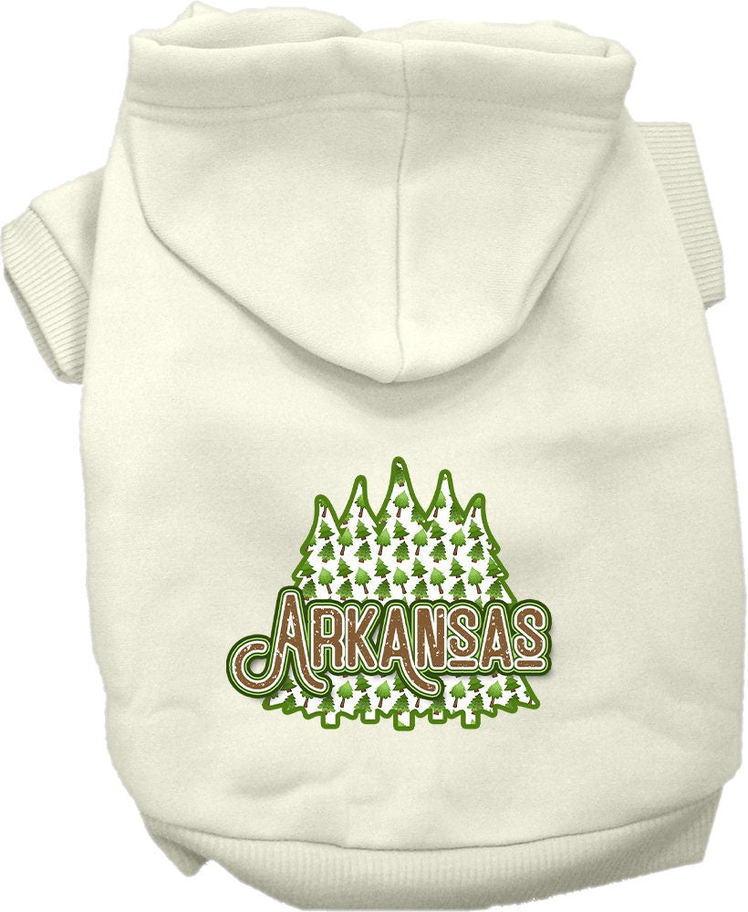 A cozy screen printed hoodie for medium to large pets featuring Arkansas Woodland Trees design, showcasing its soft fabric and durable stitching.