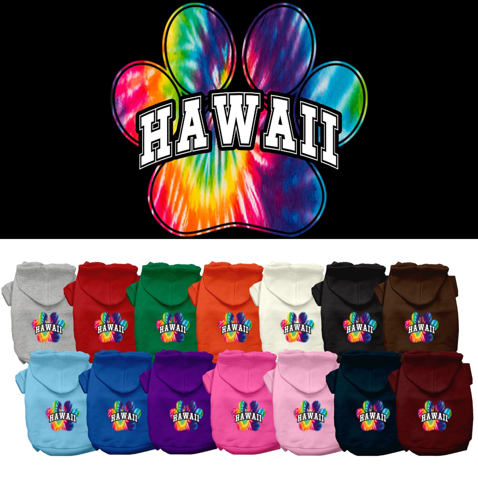 A vibrant Hawaii Bright Tie Dye hoodie designed for medium to large dogs and cats, showcasing its soft fabric and convenient leash access hole.