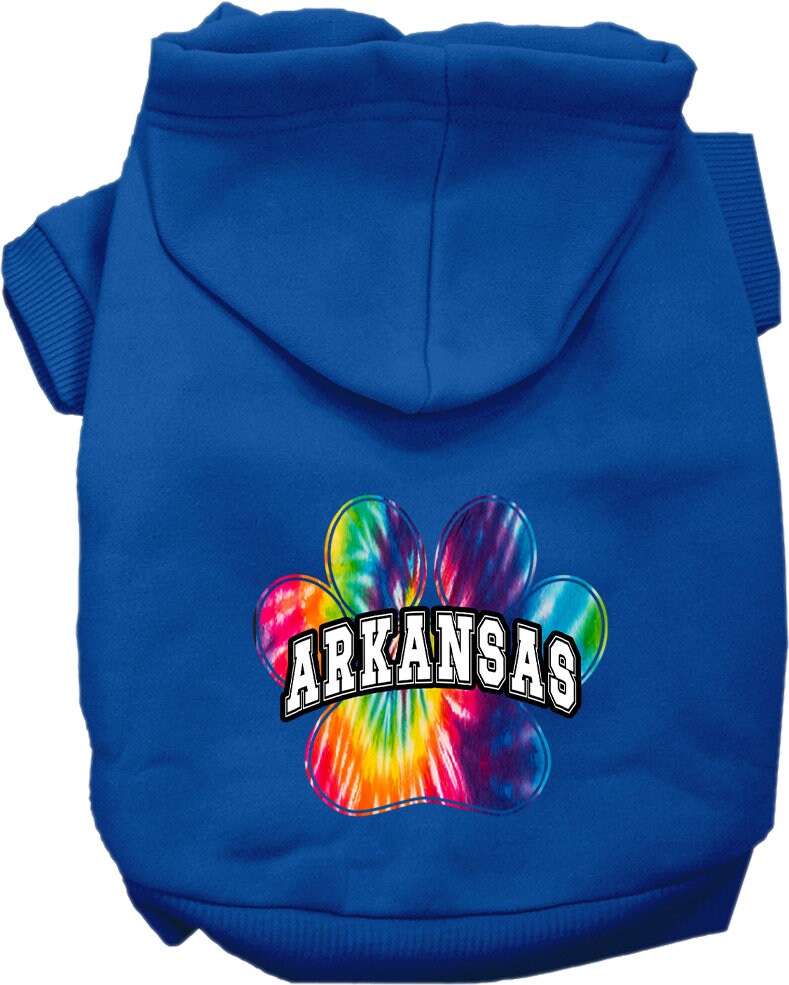 A vibrant Arkansas Bright Tie Dye hoodie designed for medium to large dogs and cats, showcasing its soft fabric and convenient leash access hole.