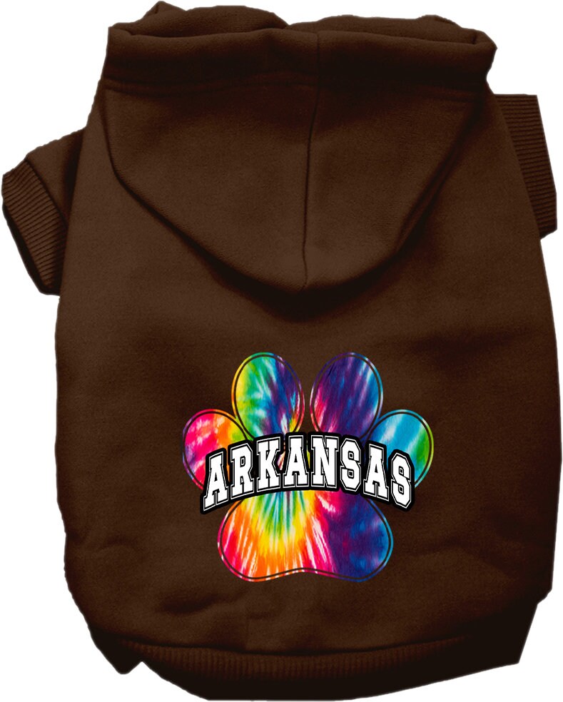 A vibrant Arkansas Bright Tie Dye hoodie designed for medium to large dogs and cats, showcasing its soft fabric and convenient leash access hole.