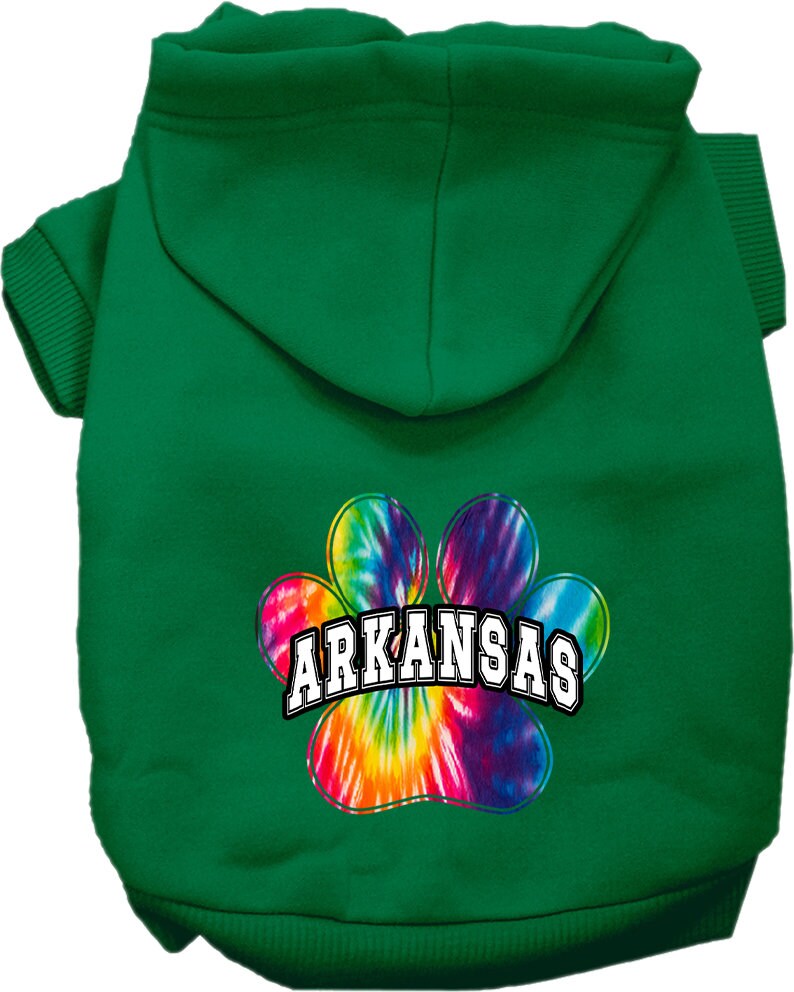 A vibrant Arkansas Bright Tie Dye hoodie designed for medium to large dogs and cats, showcasing its soft fabric and convenient leash access hole.