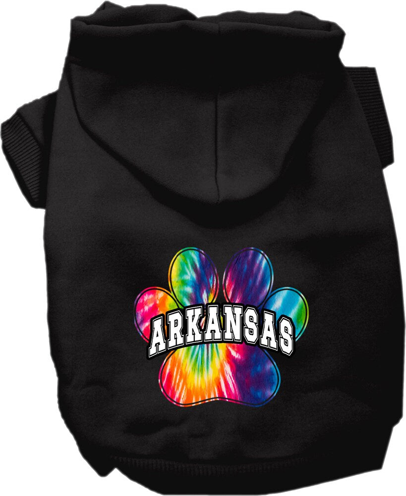 A vibrant Arkansas Bright Tie Dye hoodie designed for medium to large dogs and cats, showcasing its soft fabric and convenient leash access hole.