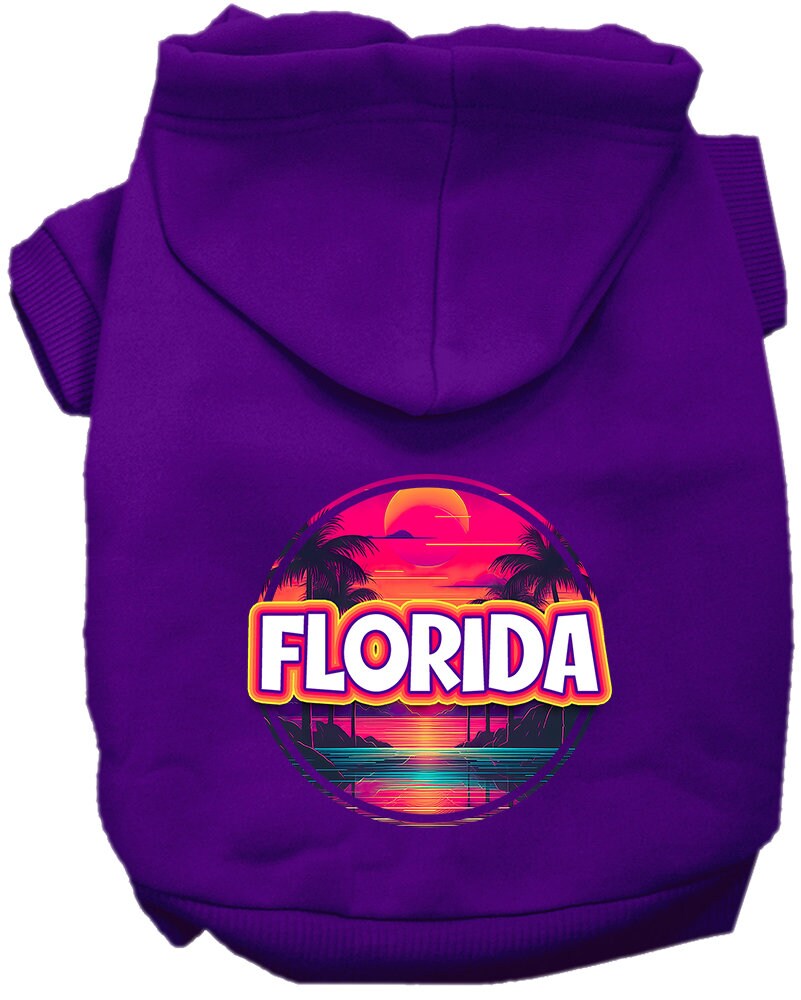 A medium to large pet wearing a soft, stylish hoodie with a vibrant Florida Neon Beach Sunset print, showcasing comfort and durability.