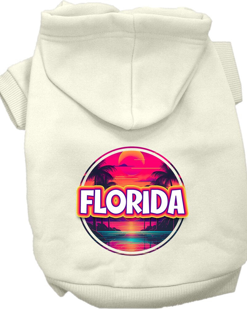 A medium to large pet wearing a soft, stylish hoodie with a vibrant Florida Neon Beach Sunset print, showcasing comfort and durability.