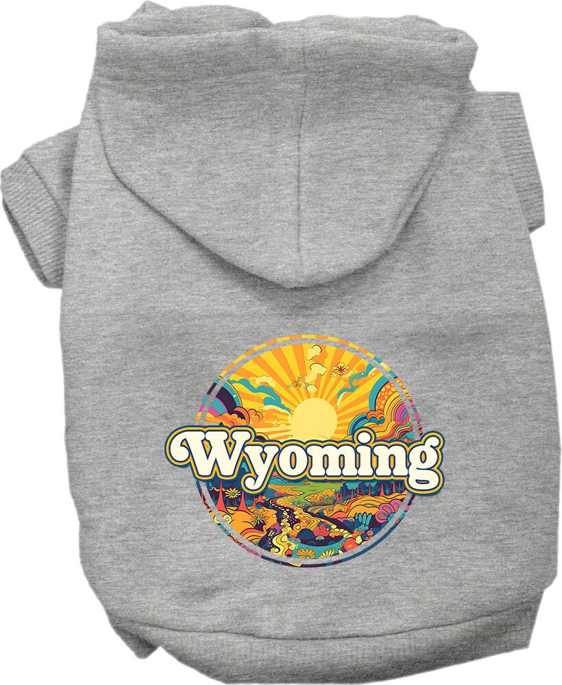 A cozy screen printed hoodie for medium to large pets featuring a Wyoming Trippy Peaks design, perfect for dogs and cats.