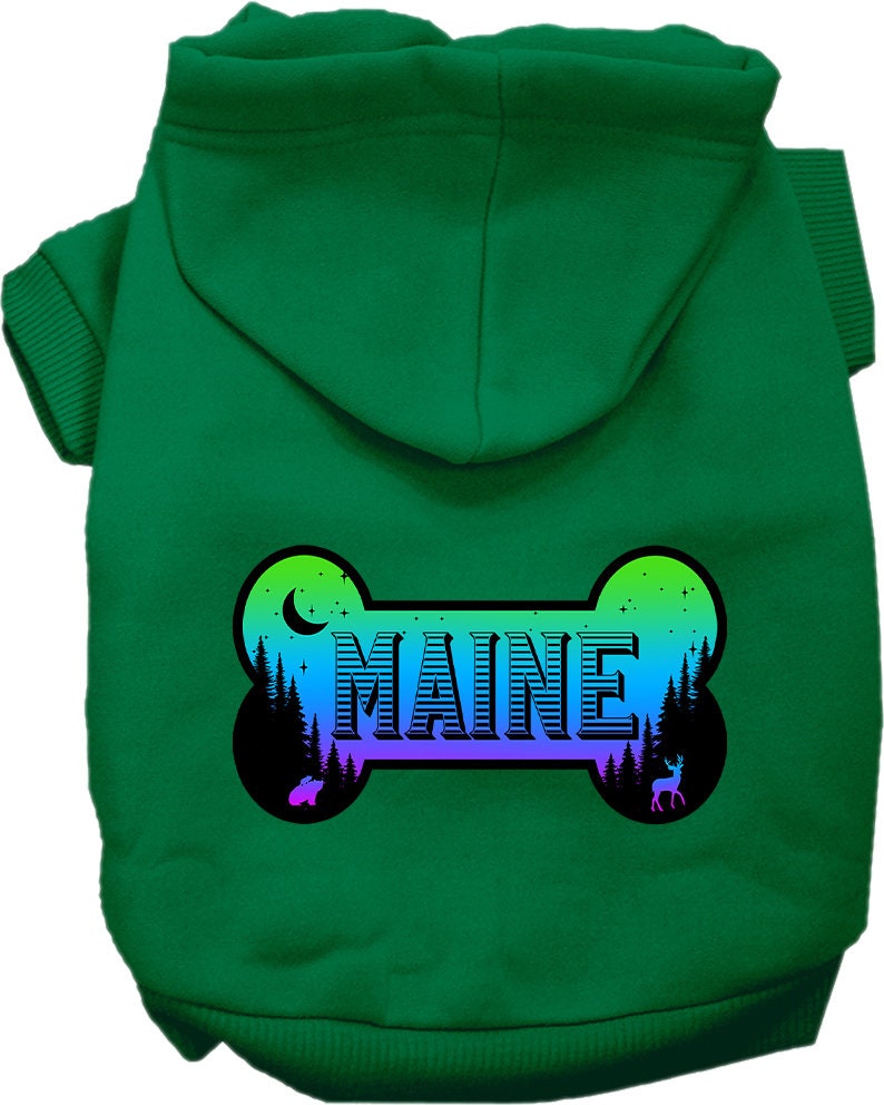 A cozy screen printed hoodie for medium to large dogs and cats, featuring a stylish Maine Mountain Shades design, perfect for chilly weather.