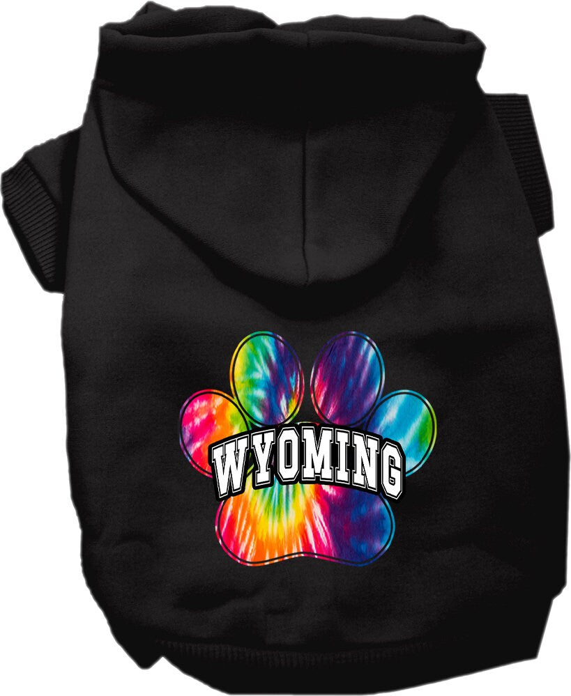 A vibrant Wyoming Bright Tie Dye hoodie designed for medium to large dogs and cats, showcasing its soft fabric and convenient leash access hole.