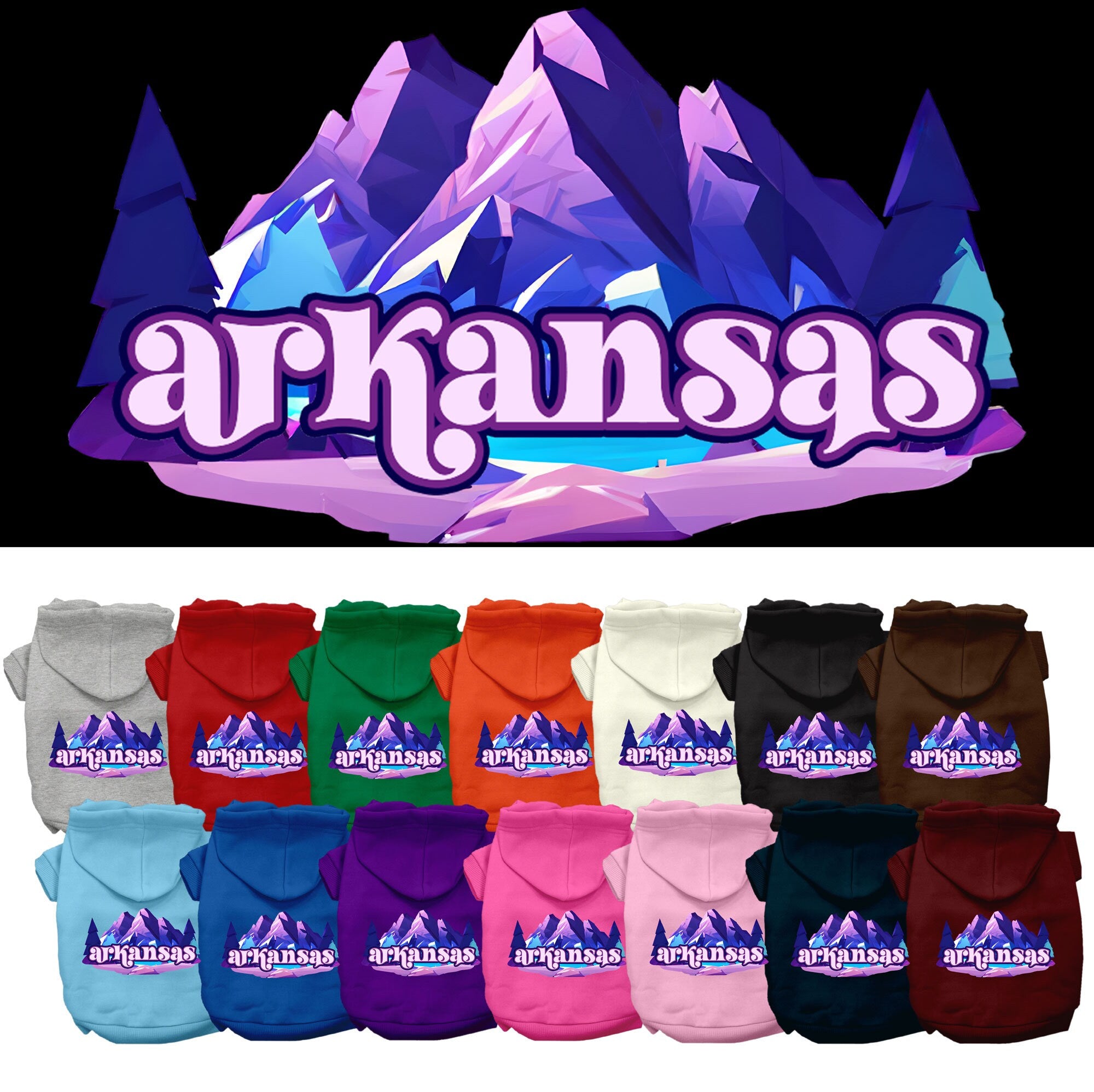 A medium to large pet wearing a soft, warm hoodie with a unique Arkansas Alpine Pawscape design, showcasing its stylish and comfortable fit.