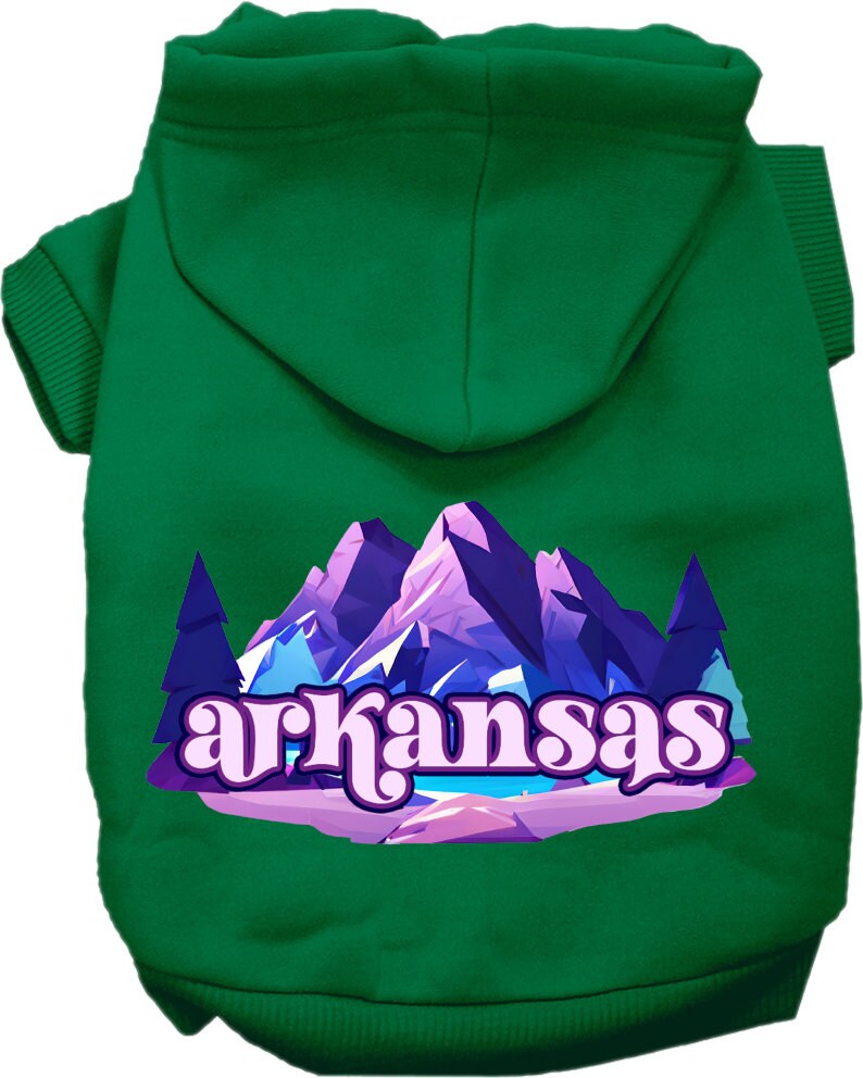 A medium to large pet wearing a soft, warm hoodie with a unique Arkansas Alpine Pawscape design, showcasing its stylish and comfortable fit.