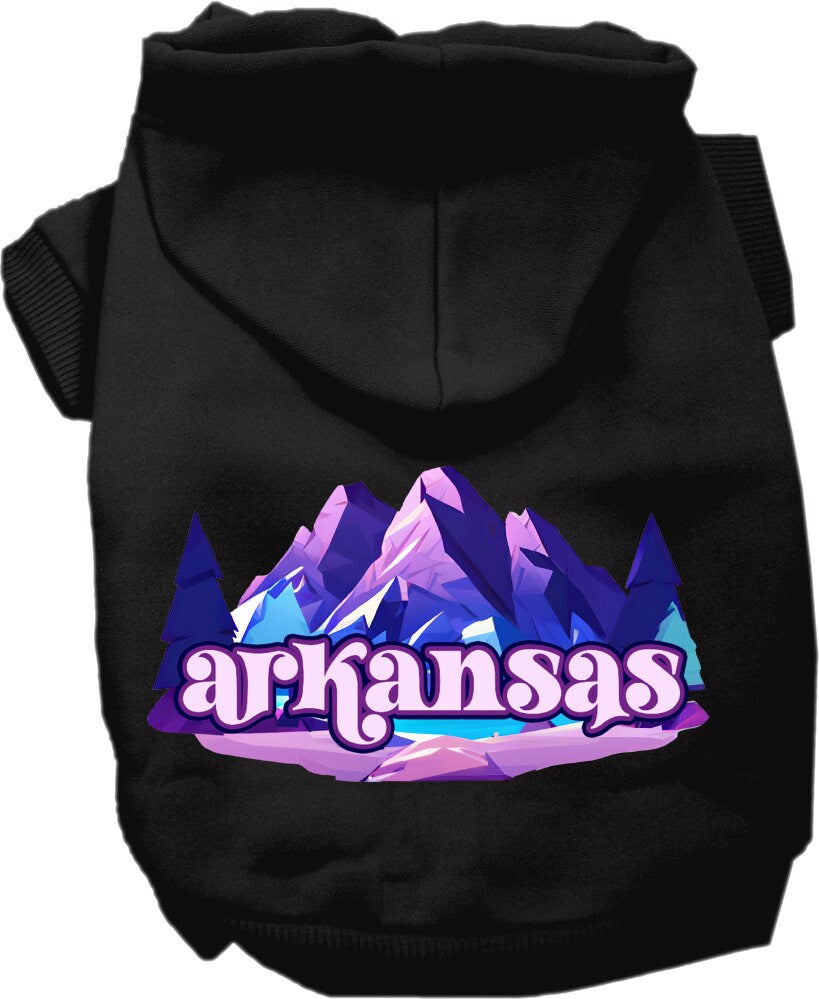 A medium to large pet wearing a soft, warm hoodie with a unique Arkansas Alpine Pawscape design, showcasing its stylish and comfortable fit.