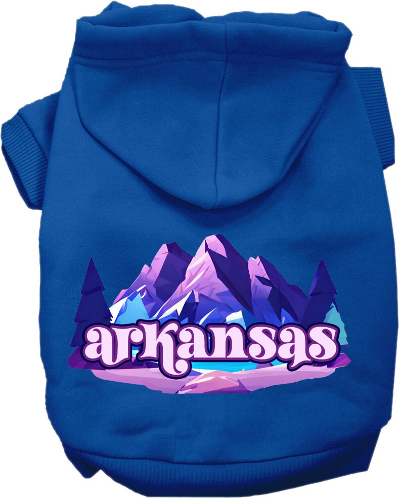A medium to large pet wearing a soft, warm hoodie with a unique Arkansas Alpine Pawscape design, showcasing its stylish and comfortable fit.
