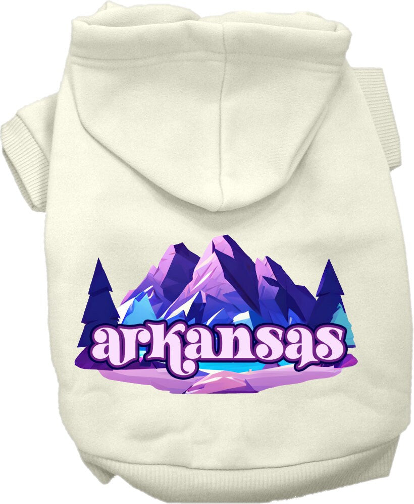 A medium to large pet wearing a soft, warm hoodie with a unique Arkansas Alpine Pawscape design, showcasing its stylish and comfortable fit.