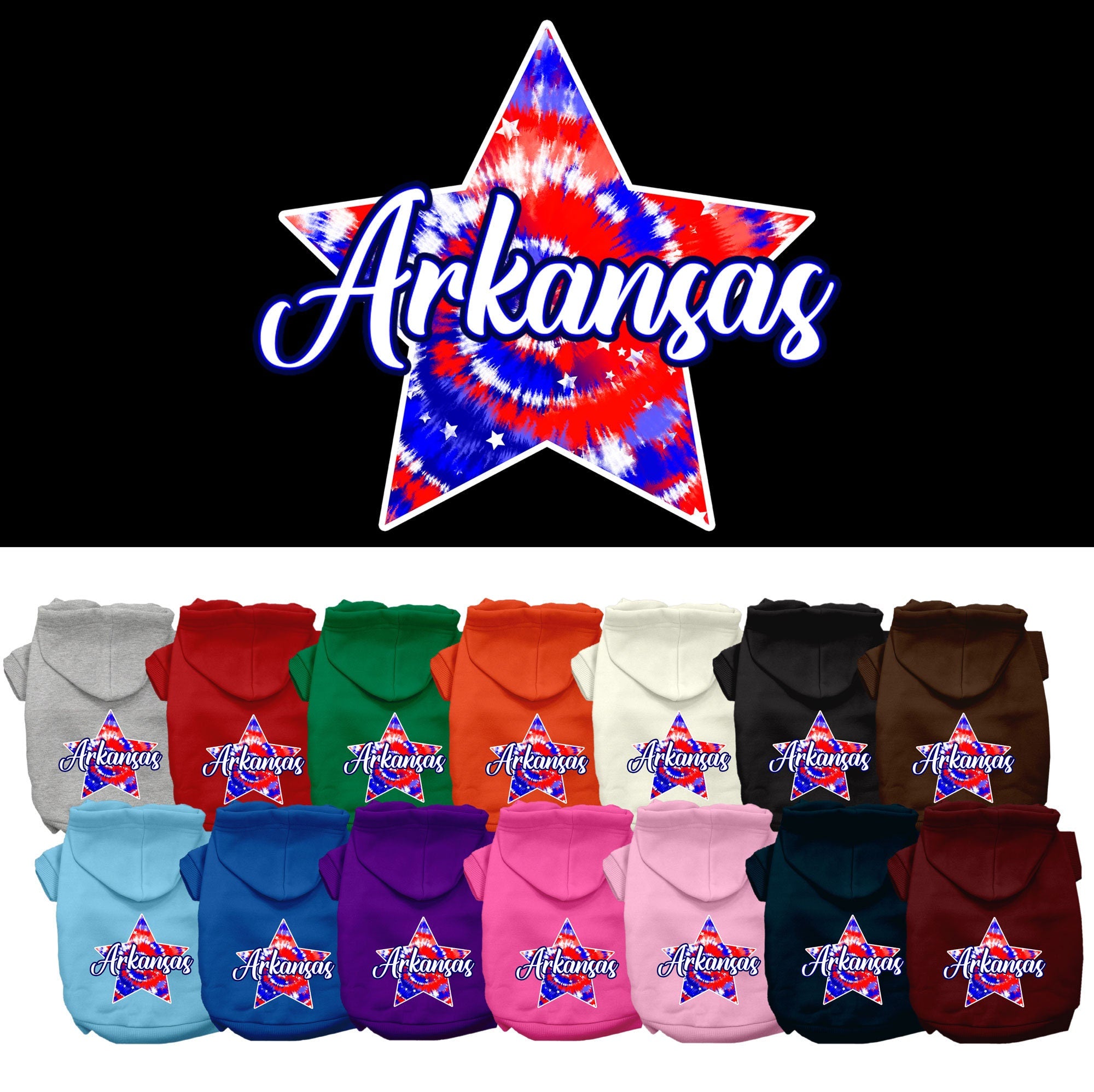 A medium to large pet wearing a soft, stylish Arkansas Patriotic Tie Dye hoodie, showcasing its vibrant colors and convenient leash access hole.