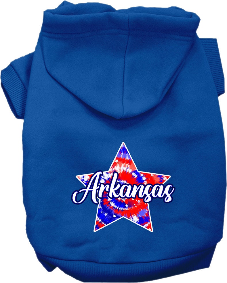 A medium to large pet wearing a soft, stylish Arkansas Patriotic Tie Dye hoodie, showcasing its vibrant colors and convenient leash access hole.