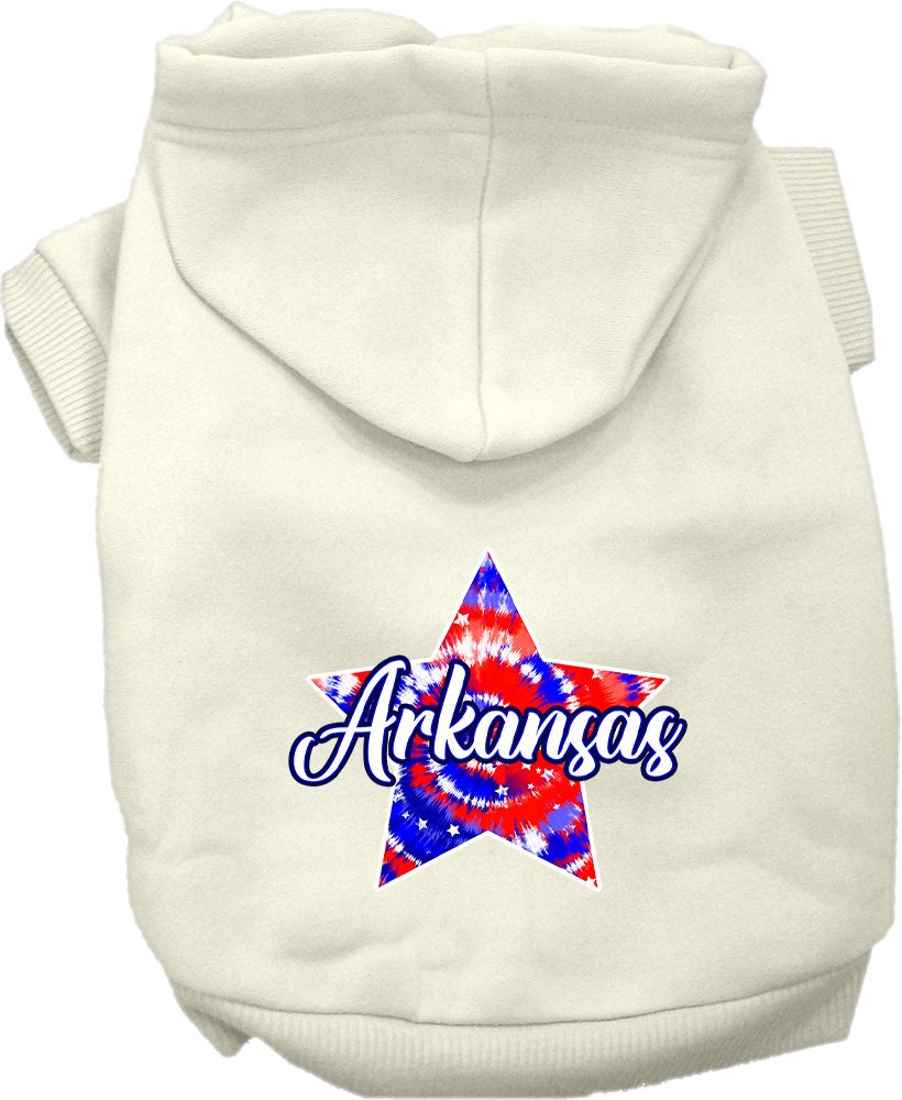 A medium to large pet wearing a soft, stylish Arkansas Patriotic Tie Dye hoodie, showcasing its vibrant colors and convenient leash access hole.
