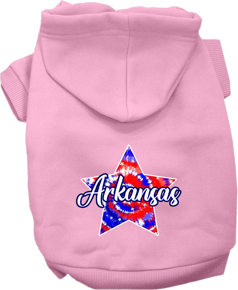 A medium to large pet wearing a soft, stylish Arkansas Patriotic Tie Dye hoodie, showcasing its vibrant colors and convenient leash access hole.